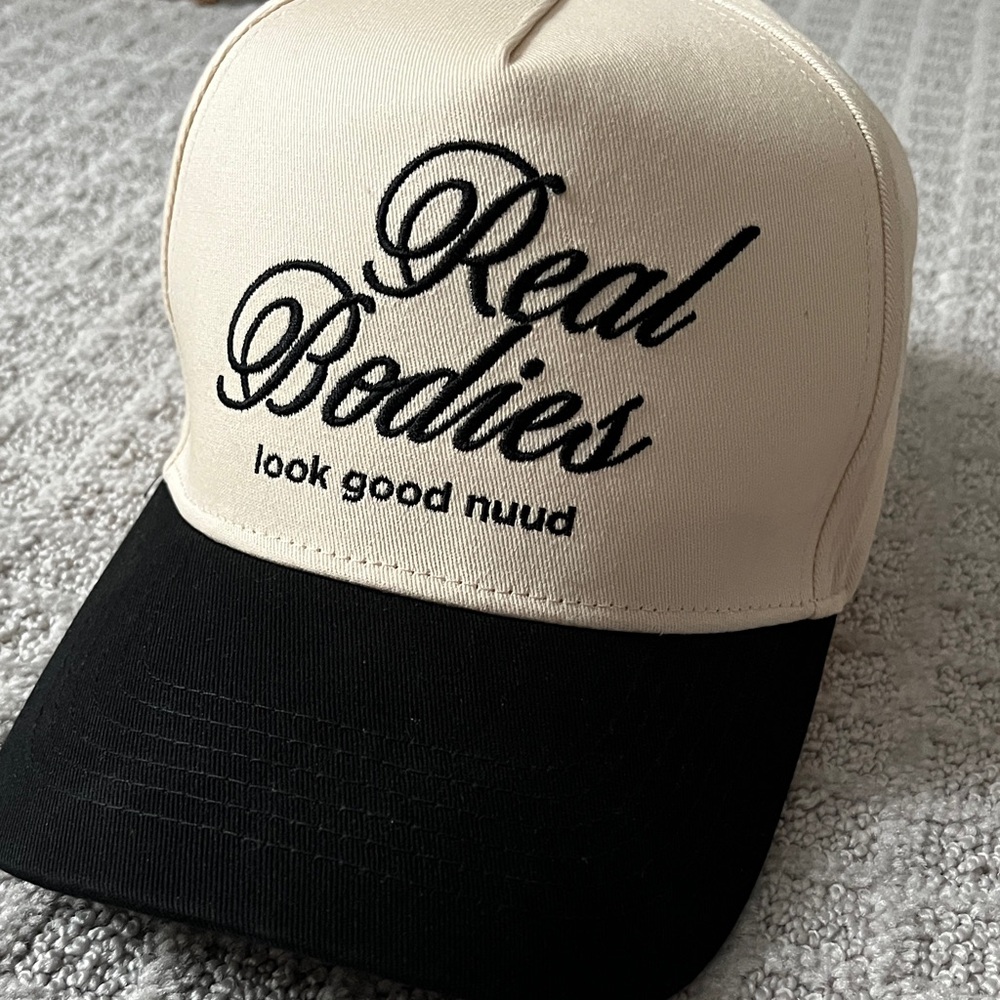 NWT - nuuds Real Bodies Embroidered Trucker Hat - Cream & Black